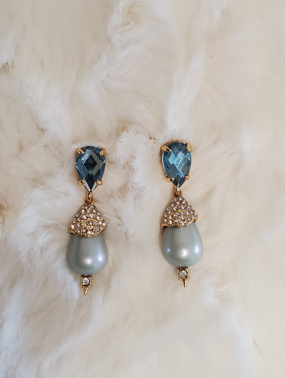 Alexis Bittar Gold-Tone Blue Crystal & Gray Pearl Drop Earrings